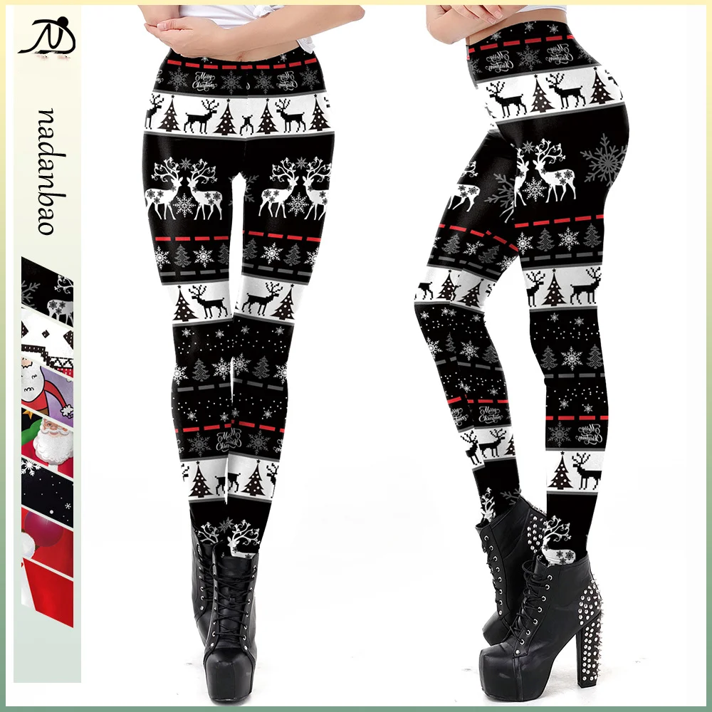 Nadanbao-Leggings estampa de flocos de neve pretos femininos, calças elásticas, calças de cintura média, feliz Natal