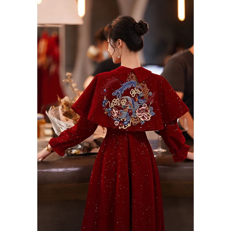 

Wedding Dr Autumn Winter Red oulder awl Formal Evening Dr Women's Faionable mid Waist Zipper Long Sve Gown