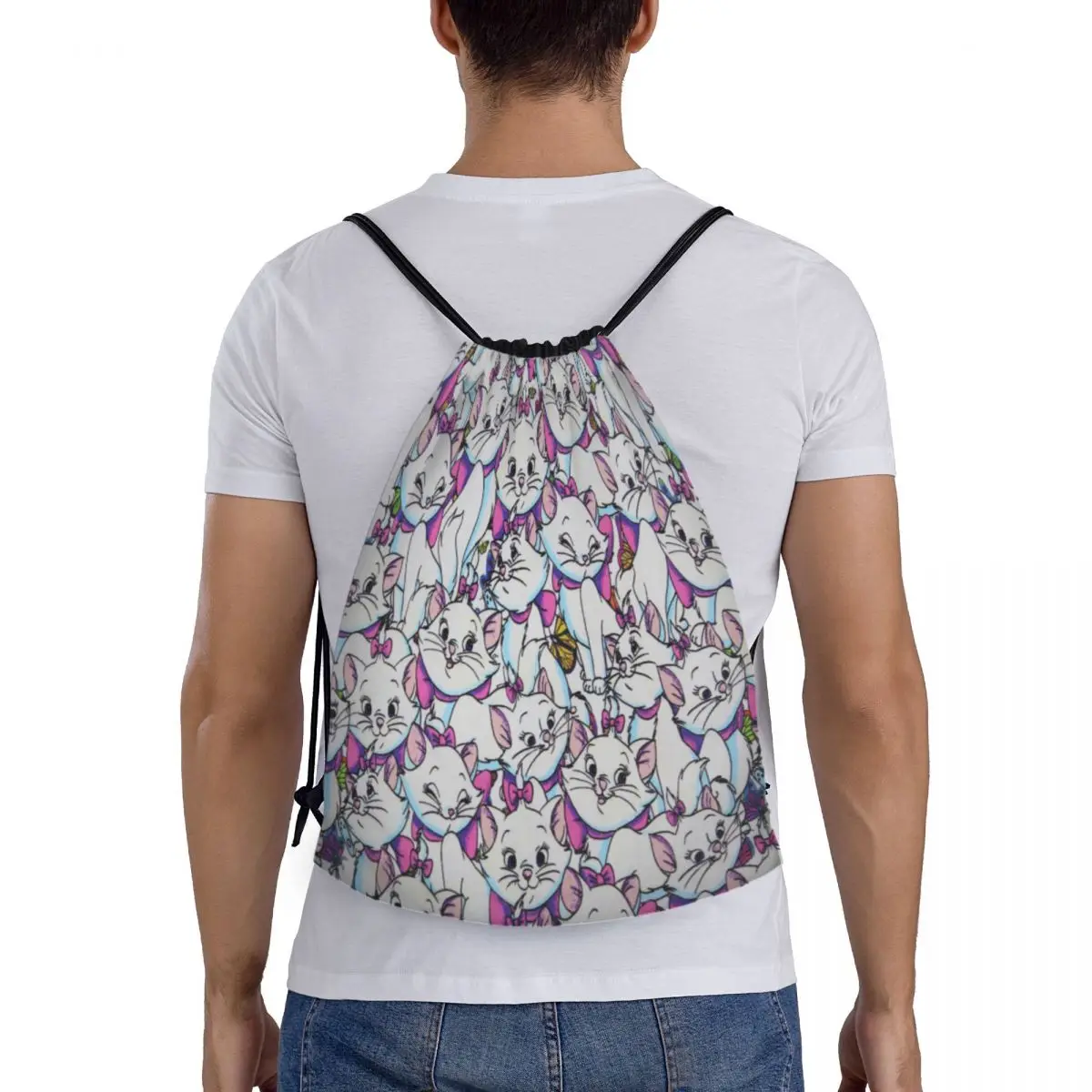 Benutzer definierte Kordel zug Rucksack Frauen Männer Fitness studio Sport Sackpack faltbare Marie Katze Manga Muster Trainings tasche Sack