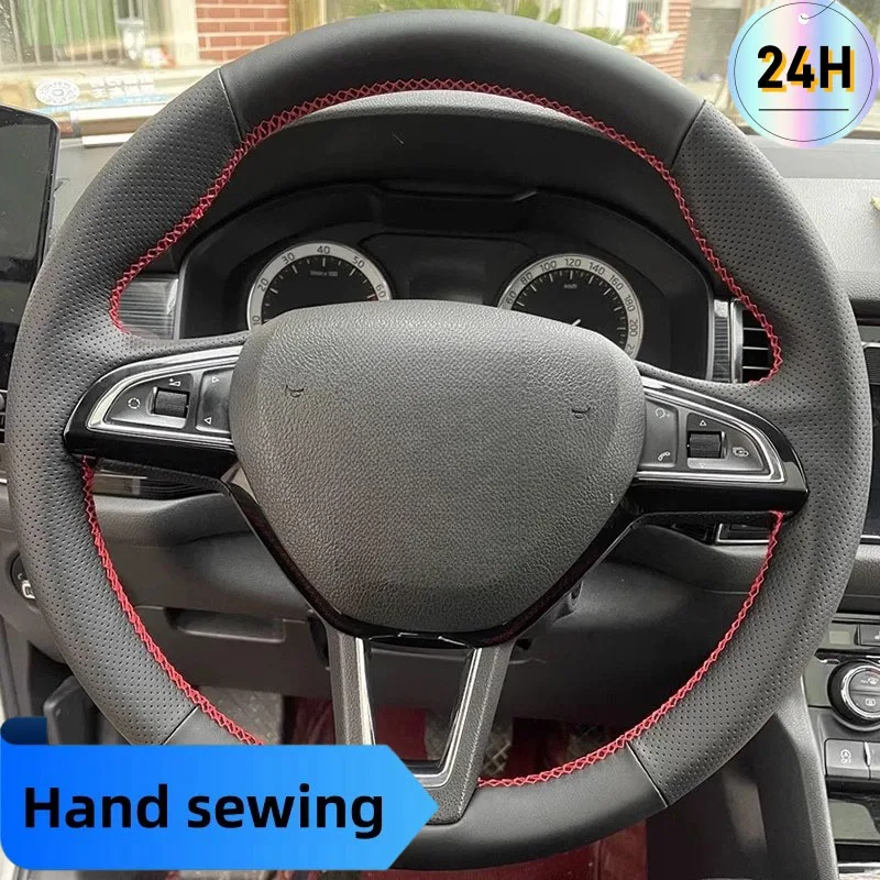 DIY Hand-Stitched Black Microfiber Leather Steering Wheel Cover For Skoda Octavia Fabia 2016 Rapid Superb (3-Spoke)Auto Interior