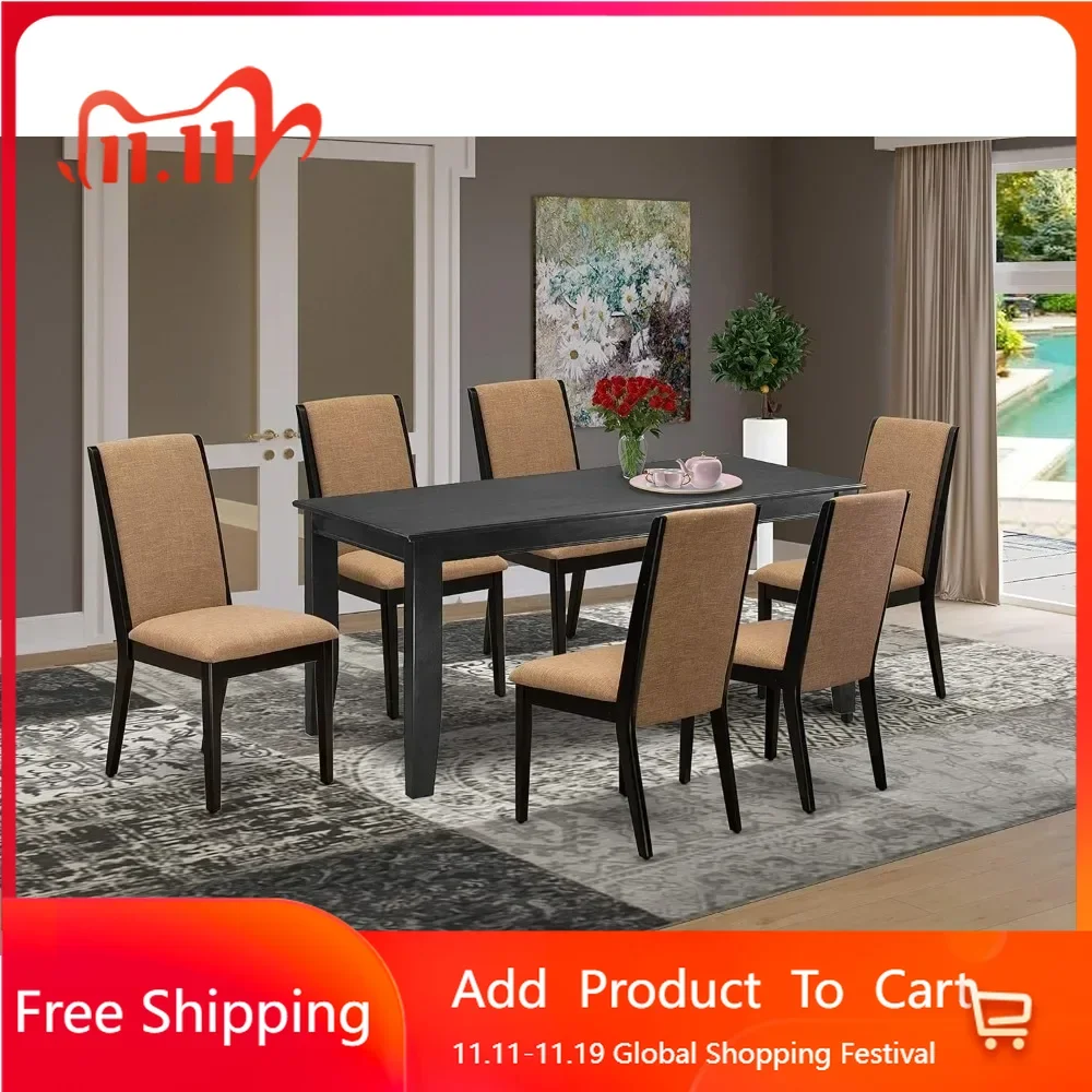 

7 Piece Dining Room Set, Consist of A Rectangle Dininer Table and 6 Linen Fabric Upholstered Chairs, 36x60 Inch Dining Table Set