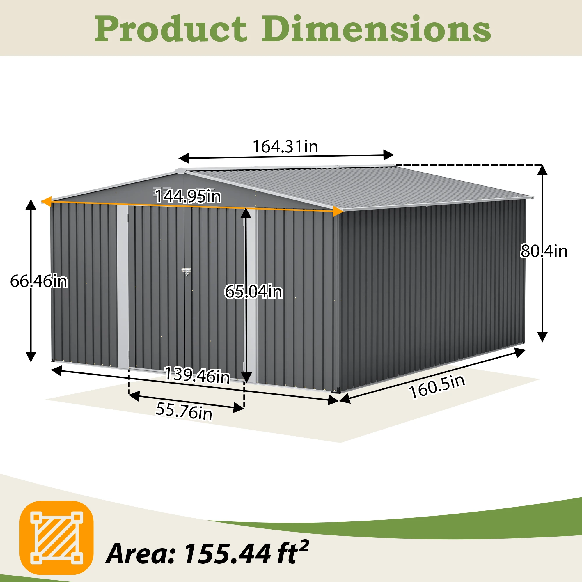145'×164'×80' Galvanized Steel Outdoor Storage Shed, Lockable Double Doors, Sloped Roof Design, Waterproof & Rust Resistant Utility Building for Garden, Yard and Patio