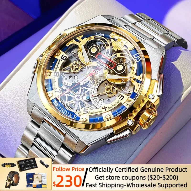 OUPINKE Luxury Brand Men\'s Watches Fully Hollow Trendy Design High end Wristwatches Sapphire Mirror Automatic Mechanical Watches