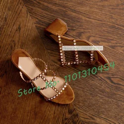 Rhinestone T Strap Block Heel Slippers Women Elegant Real Leather Suede Sparkling Shoes Girl's Open Toe Nude Sheepskin Mules