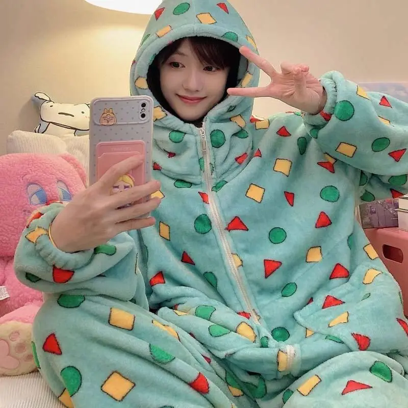 2Pcs Autumn Winter Coral Fleece Couple Pajamas Kawaii Thicken Zipper Hooded Crayon Shin-Chan Flannel Home Clothes Christmas Gift