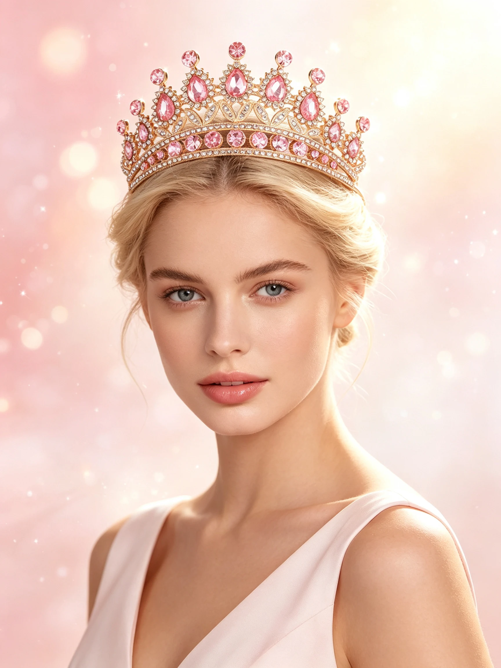 European-Style Golden Pink Crystal Crown, Women's Wedding Dress Accessories, Birthday Dinner Show Princess Tiara