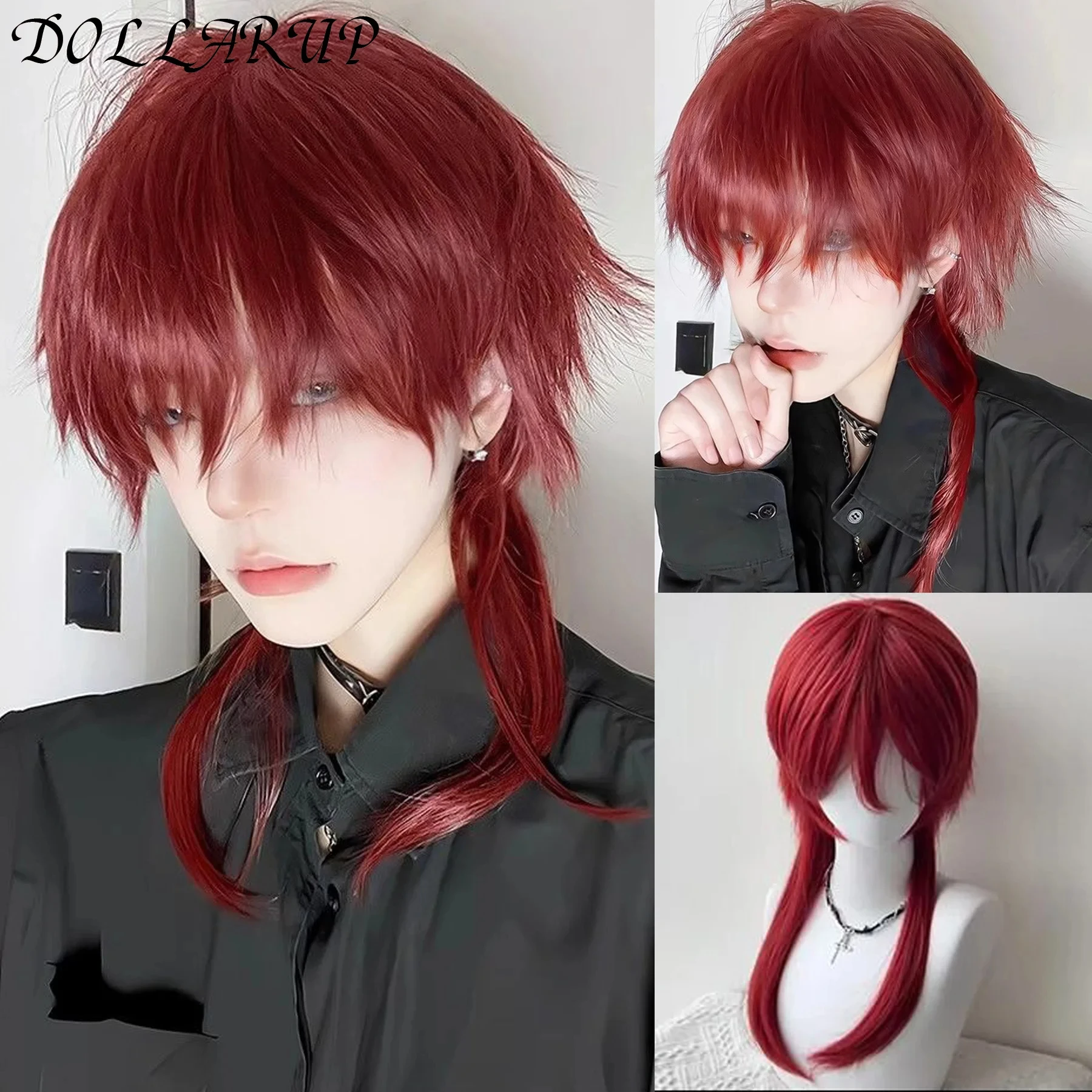 

JKL Red Long Straight Synthetic Mullet Head Wig Wolf Tail Layered Fluffy Women and Men Wig for Daily Party Lolita Cosplay