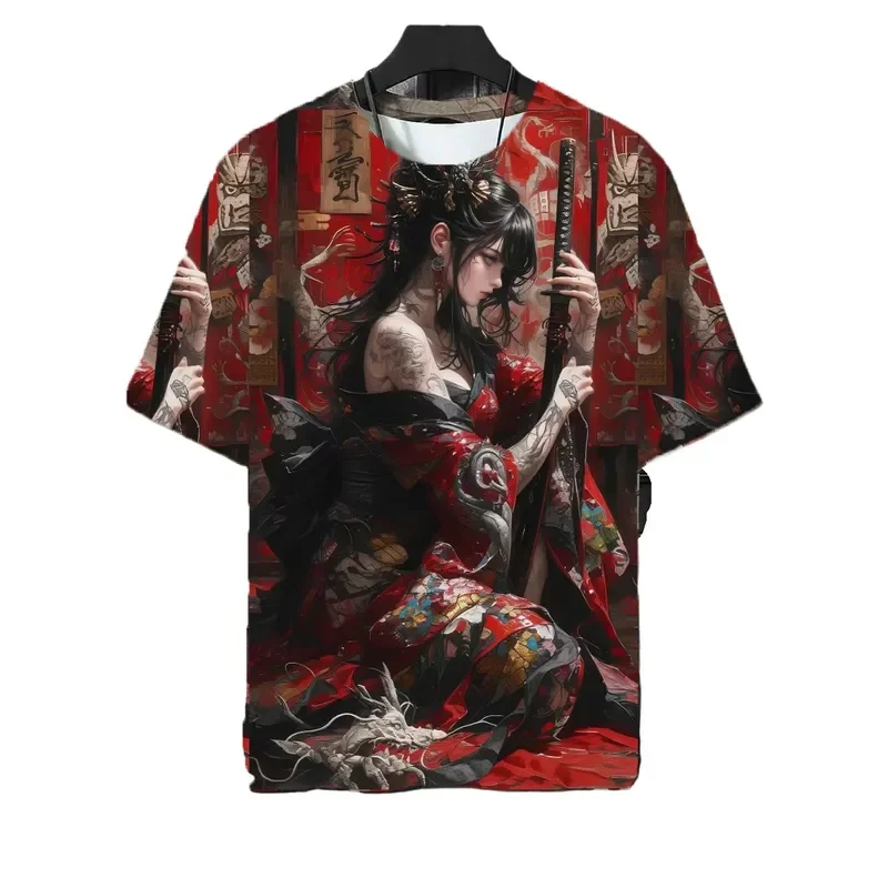 3D Digital Print Japanese Samurai Katana Girl Tattoo T Shirt 2026 Harajuku Streetwear Oversized Short Sleeve Tee Unisex Top