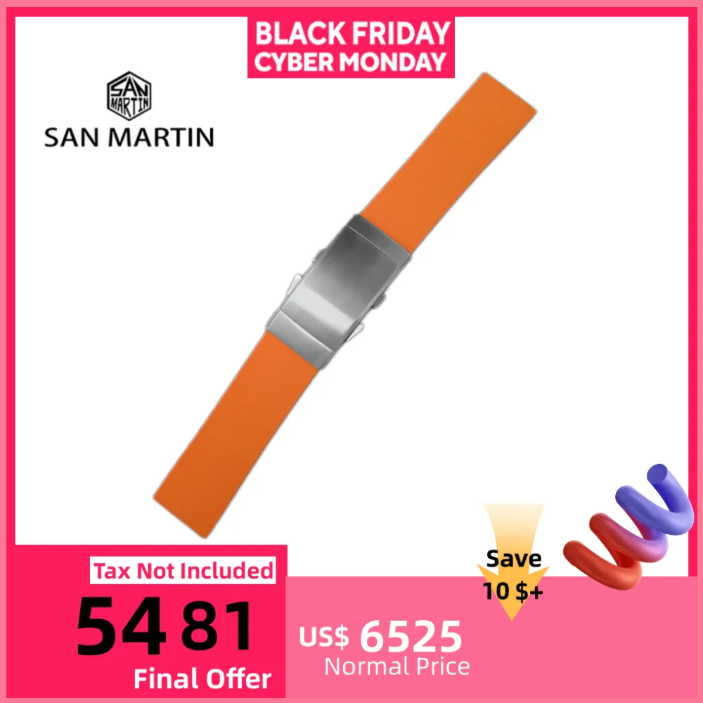 

Ремешки для часов San Martin, резиновые ремешки 20 мм 22 мм со складной застежкой, ремешок для часов для дайвинга, водонепроницаемый ремень на запястье, мягкий браслет, прочный