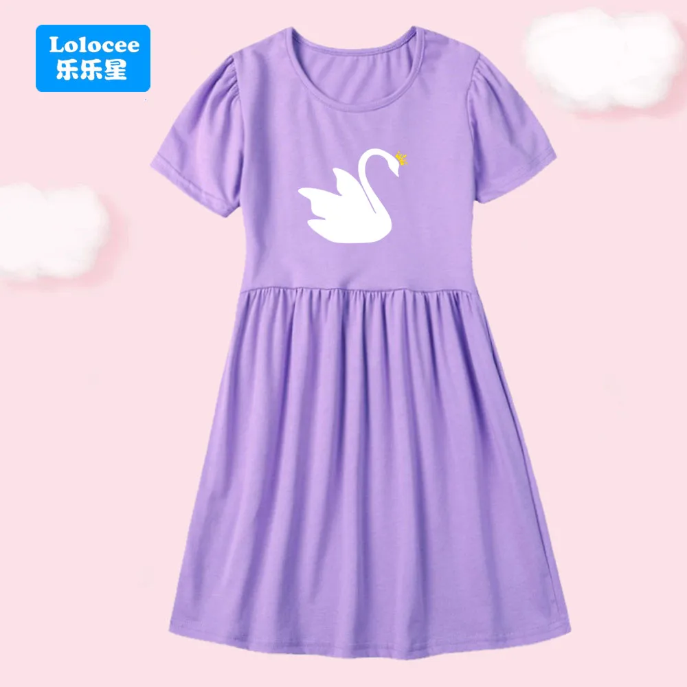 

Summer Girl Cartoon Swan Princess Print Dress Fashion Trend Dress Kids Daily Casual Stylish Short Sleeve Clothes Cute Outfit TE1