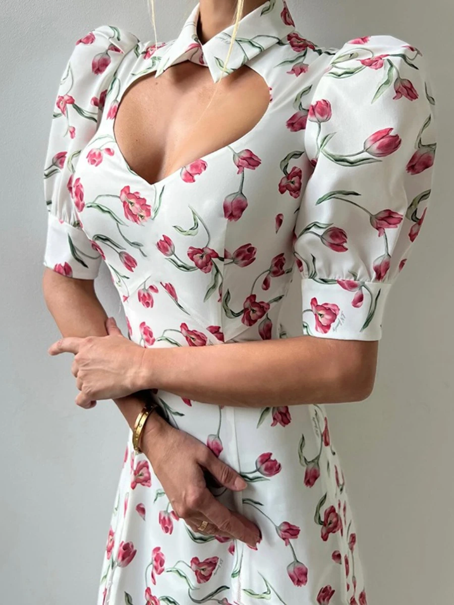 TWOTWINSTYLE 여성용 프렌치 꽃 프린트 드레스 옷깃 퍼프 슬리브 스플 라이스 컷 아웃 기질 하이 웨이스트 레이스 드레스 여성