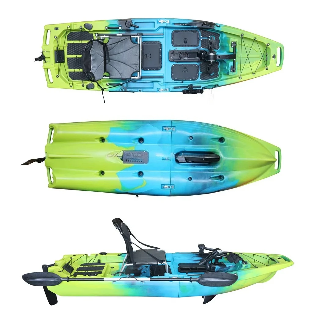 モジュール式9フィートソロペダルカヤックHDPEハルカヌー、ツーリング、湖釣り用、耐久性、耐衝突性アルミシート、カスタムオプション付き