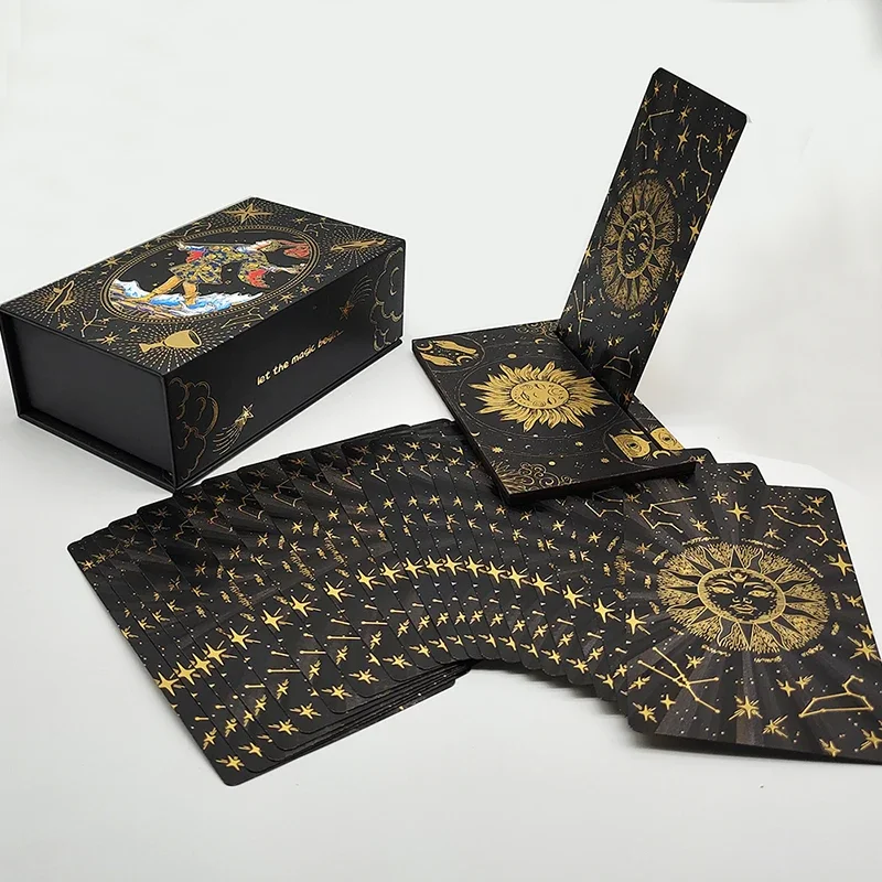 Cartas de tarô de folha de ouro divinativas com acabamento luxuoso fantástico conjunto de jogos de tabuleiro para preditivos com suporte de cartão