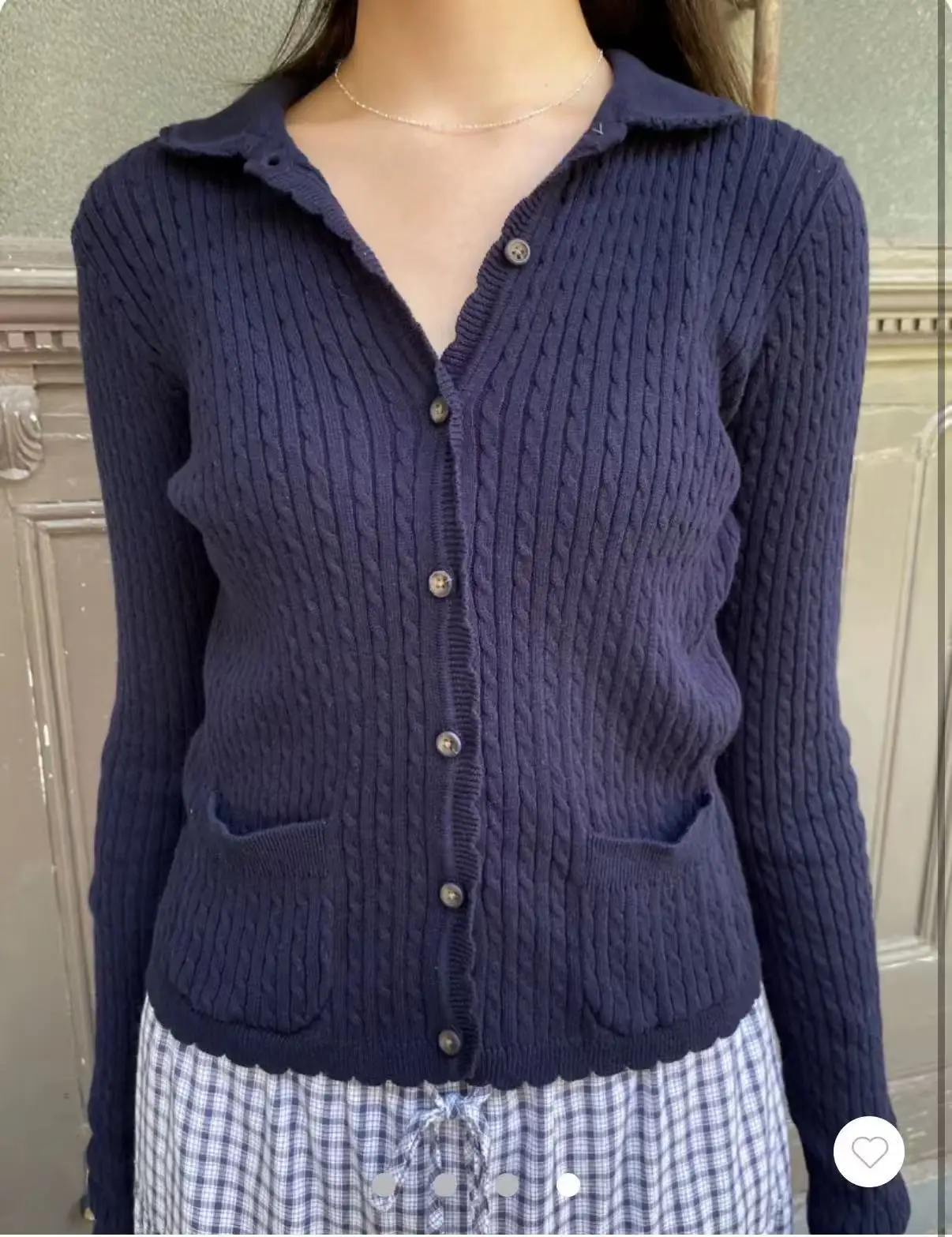 Navy Twist Babydoll Collar Cardigan Women Autumn New Lace Trim Cotton Buttons Knitted Jumper Cute Sweet Preppy Style Sweaters