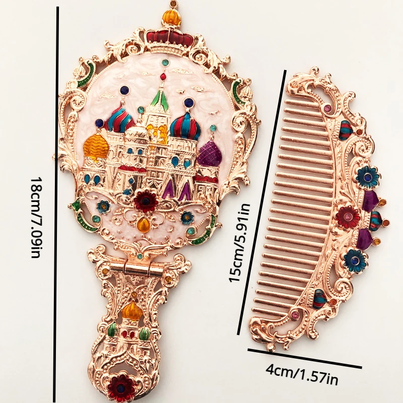1Set Russia hand-held small mirror with a comb set Retro portable cosmetic mirror Collapsible Desktop Princess mirror