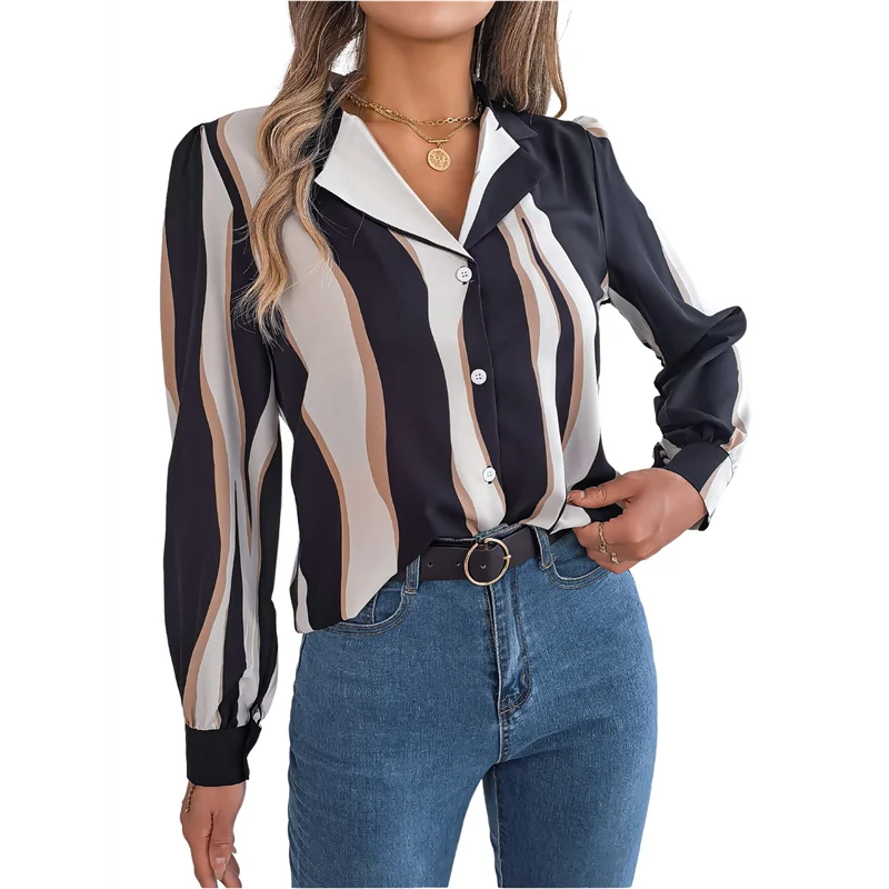 ASDS-Dames 2025, casual all-match contrasterende kleur gestreept pak met kraag en lange mouwen