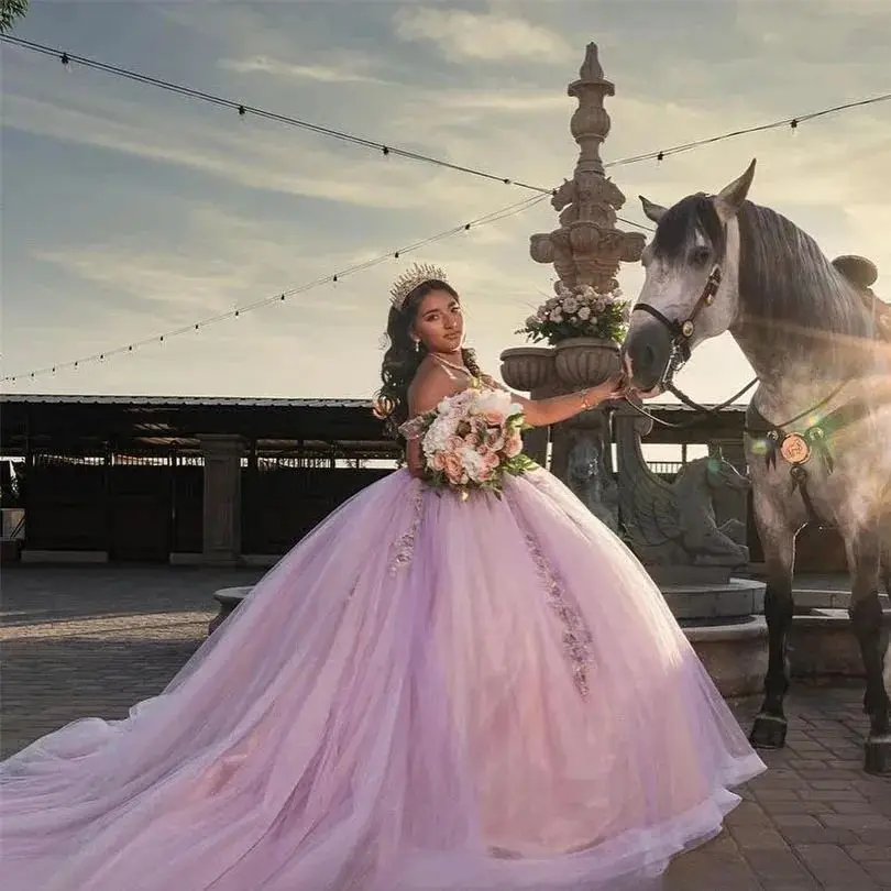 فساتين أميرة Quinceanera أوف شولدر تول ، حلوة 16 ثوب حفلة ، زينة مخصصة ، 15 سنة