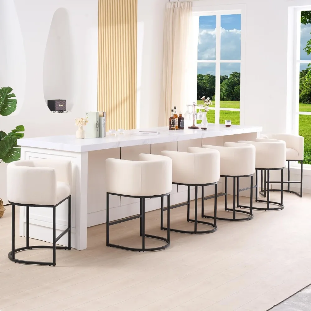 26"H Counter Height Bar Stools Set of 4, Modern Barrel Counter Stools with Backrest and Arms, Black Metal Frames.