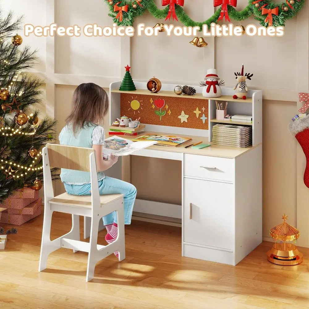 Kids Desk and Chair Set, Wooden Student Writing Desk w/Hutch, in Board, Der & Storage Cabinet or Reading Crating, Children Study