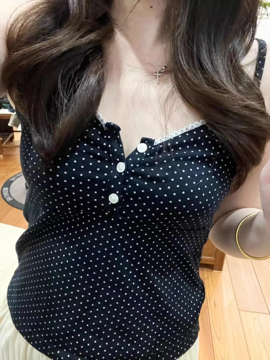 توب قصير بدون أكمام بياقة دانتيل كلاسيكية ونقشة البولكا دوت، ملابس داخلية بخصر مرتفع، توب صيفي بنمط براندي بي إم من مزيج القطن