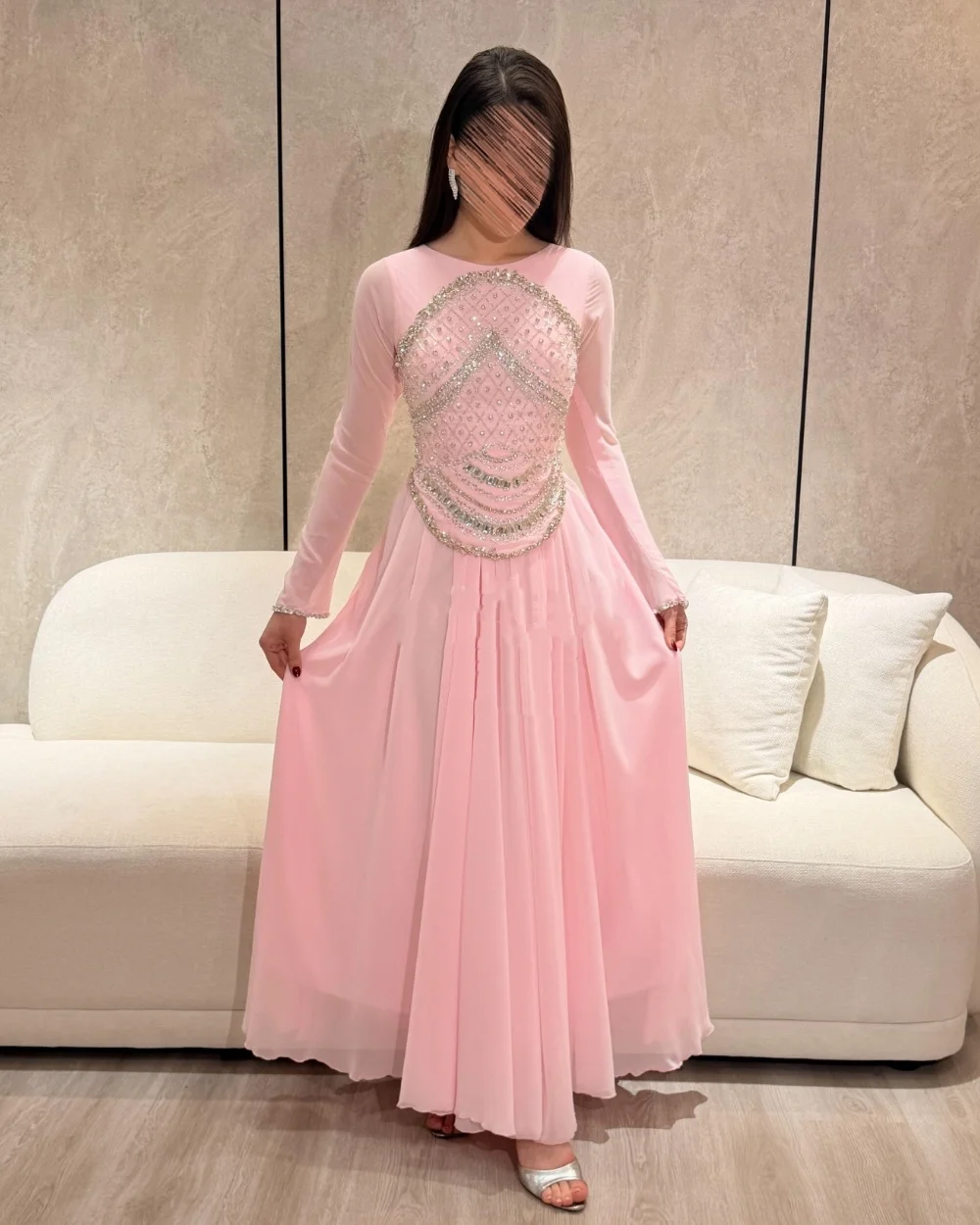 

Customized Intricate Sparkle Chiffon Pleat Ruched Rhinestone Draped A-line Scoop Neck Long Dresses Evening Dresses High Quality