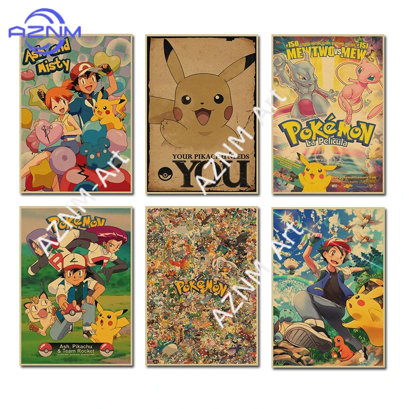 Vintage Pokemon Pikachu Squirtle Bulbasaur Poster Print Anime Canvas Painting Mural Children Bedroom Home Wall Art Decoration