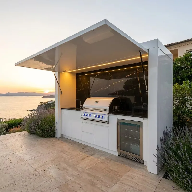 Modern Mobile Modular Outdoor Kitchen, Convenient Kitchen with 4 Drawers Perforated Canopy and Rolling Cooking Table