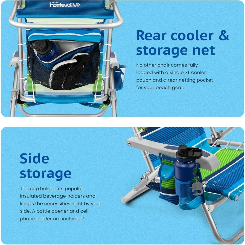 كرسي شاطئ Cooler+ قابل للطي مع 5 أوضاع، وقضيب منشفة، وحقيبة تبريد XL، وشبكة تخزين، وحامل أكواب وهاتف،