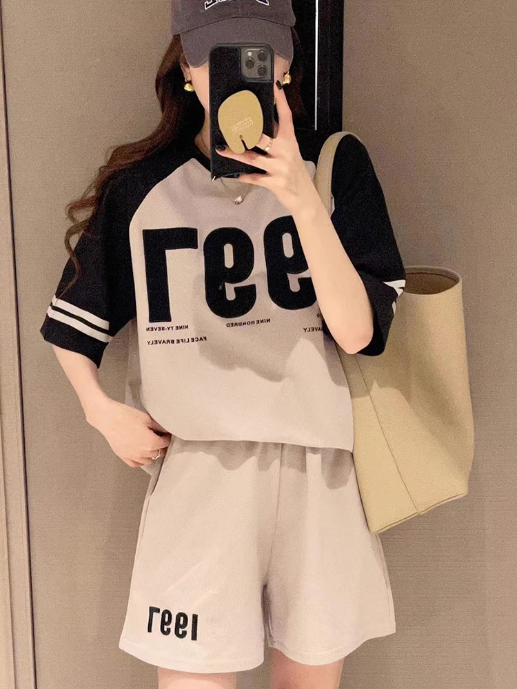 2024 Summer outfit T-Shirt Suit Womens Fashion Casual Loose O-Neck Short-Sleeved Tops+Wide Leg Shorts Two Piece Set For Women