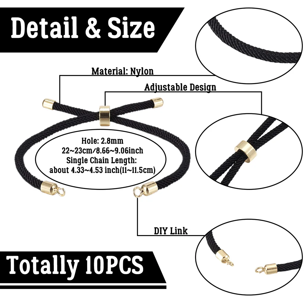10 قطع من الحبل الملتوي من النايلون مع ملحقات منزلق ذهبي اللون، سوار قابل للتعديل، مواد صنع المجوهرات بنفسك