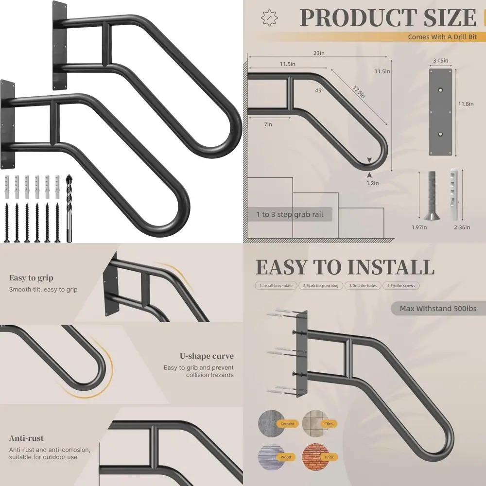 درابزين سلالم مثبت على الحائط في الهواء الطلق لعدد 1-3 خطوات - درابزين على شكل حرف U لسلامة المرآب والشرفة والساحة والحديقة