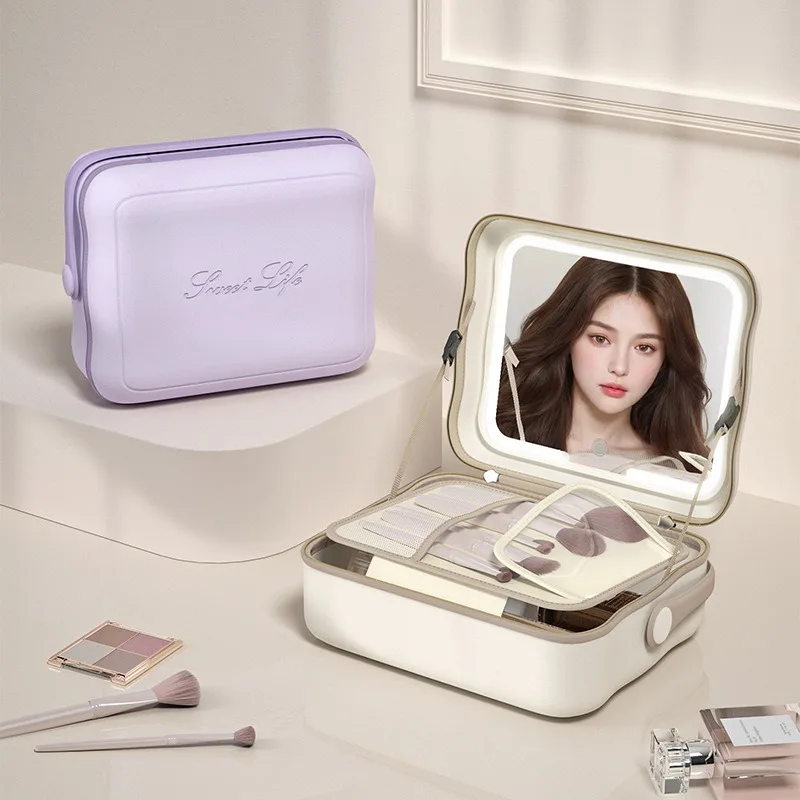 Косметичка с лампой, зеркалом, многослойная многофункциональная сумка для хранения косметики и портативная косметичка для путешествий