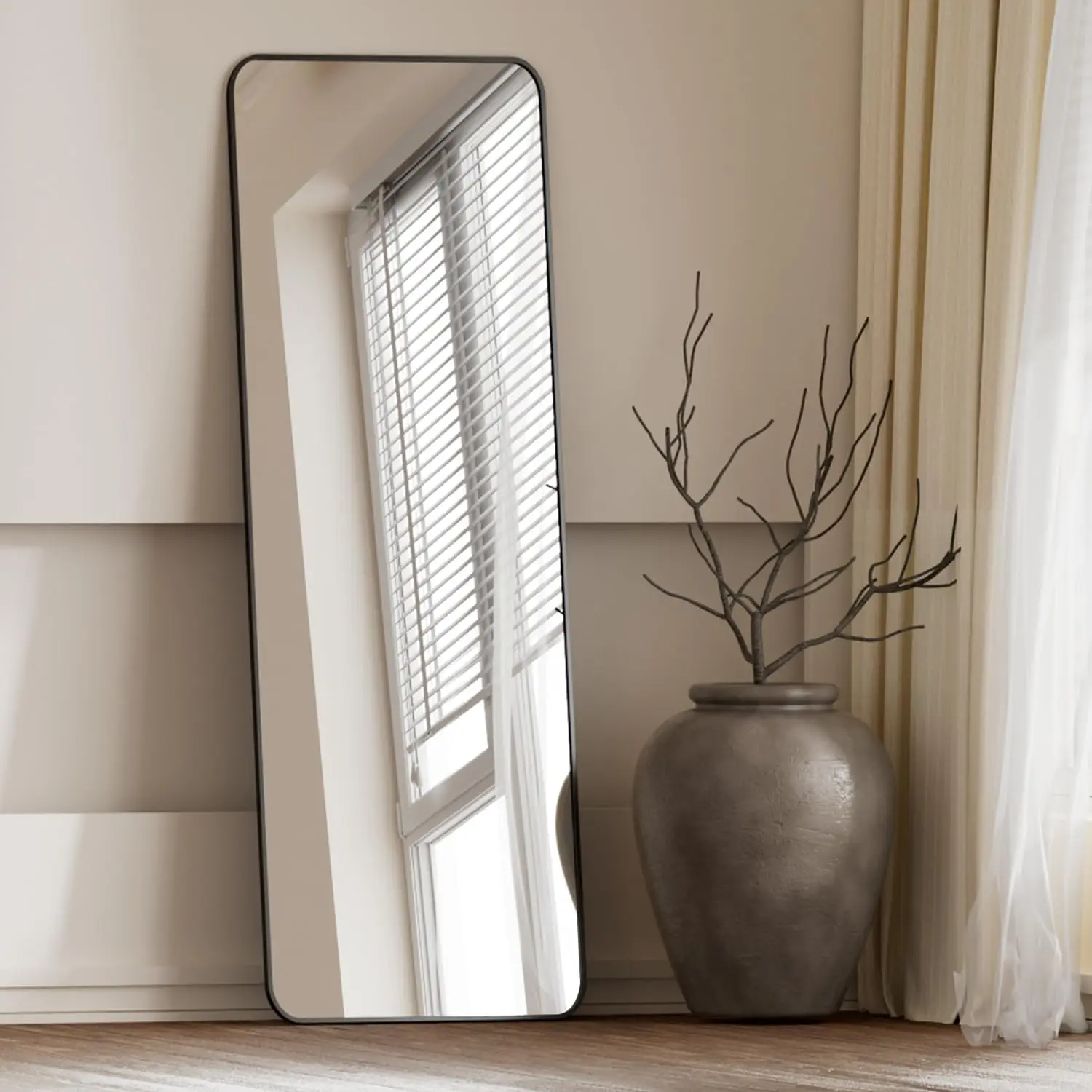 Miroir de sol pleine longueur avec support, miroir d'angle arrondi de 59x16 pouces, miroir pleine longueur avec support, miroir anti-mur en alliage d'aluminium