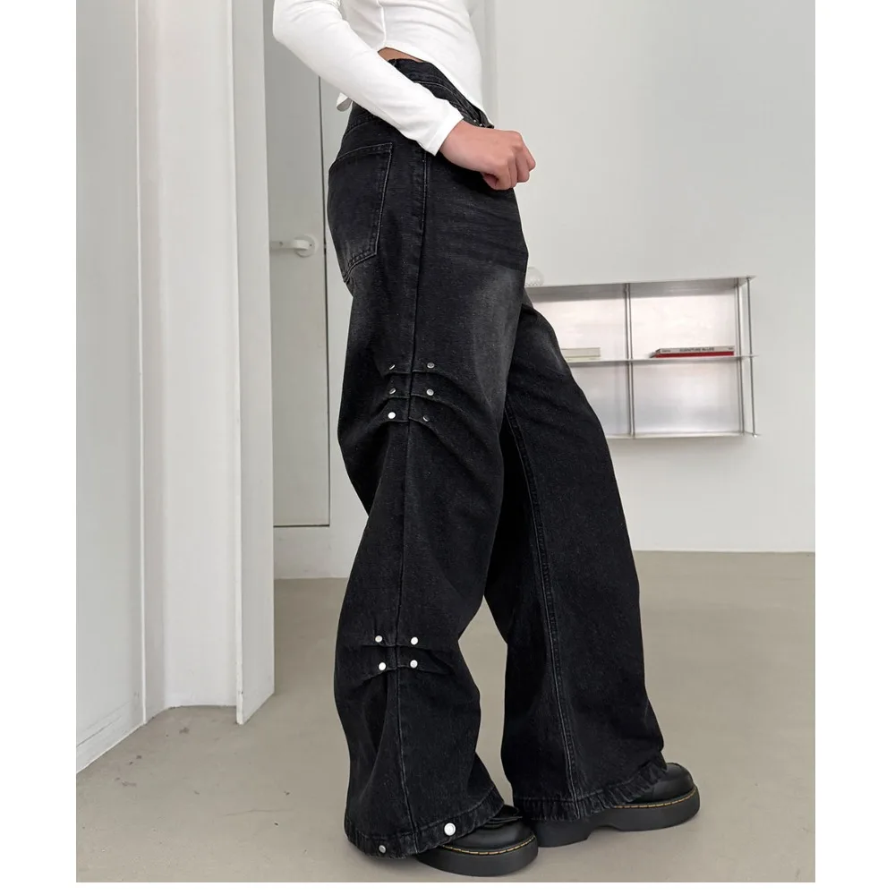 

Triple-Color Side-Riveted Wide-Leg Jeans Casual Style Natural Waist Long Pants Cotton Denim Non-Stretch Comfortable Fit