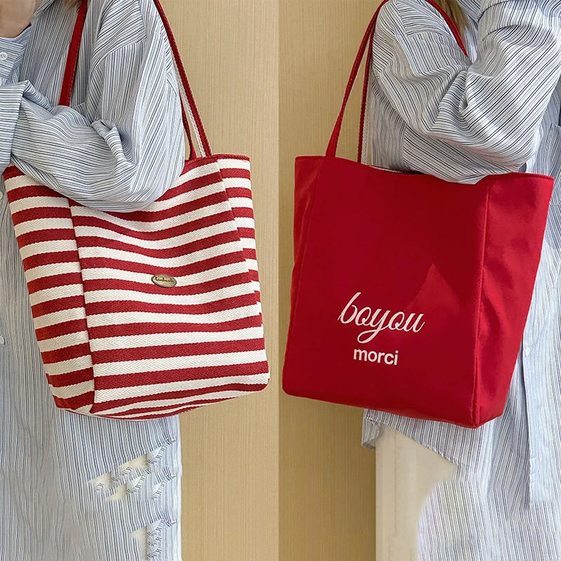 

Fashion Simple Commute Stripe Canvas Bag Striped Letter Cloth Shoulder Bag Large Capacity Korean Style Handbag Girls
