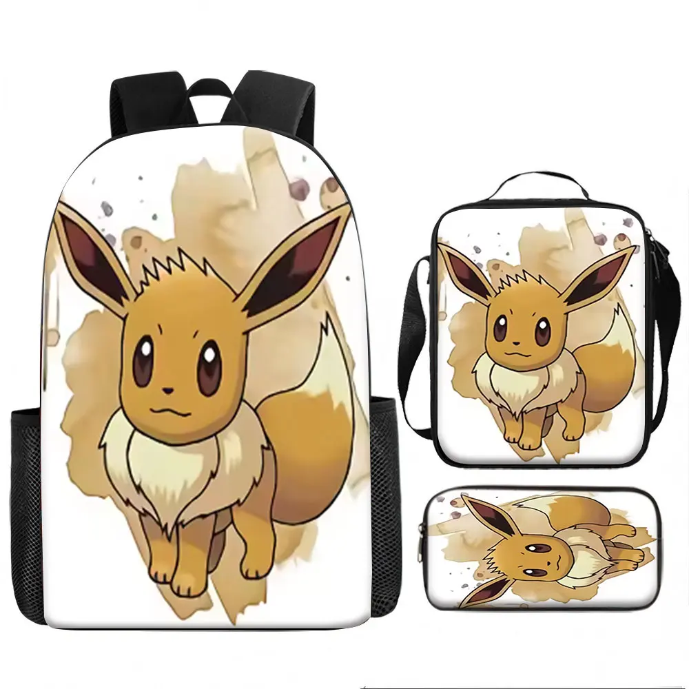 Kids Bag,Pokemon,Eevee 3pcs Backpack Set Watercolor Paint Print Breathable Canvas School Bag for Kids Students