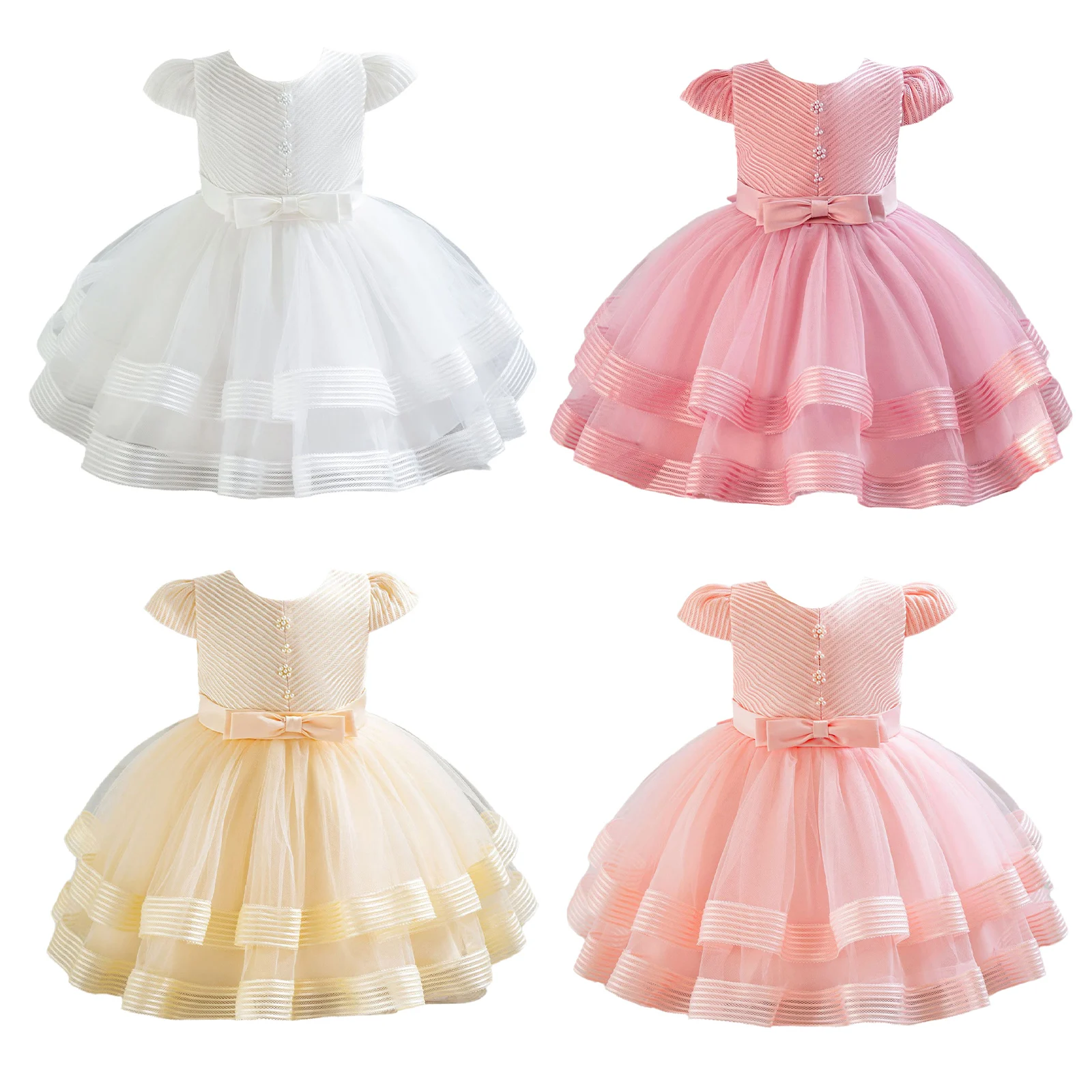 Little Girls Wedding Birthday Party Princess Dress Faux Pearls Decor Bowknot Mesh Tutu Dresses Pageant Evening Prom Ball Gown