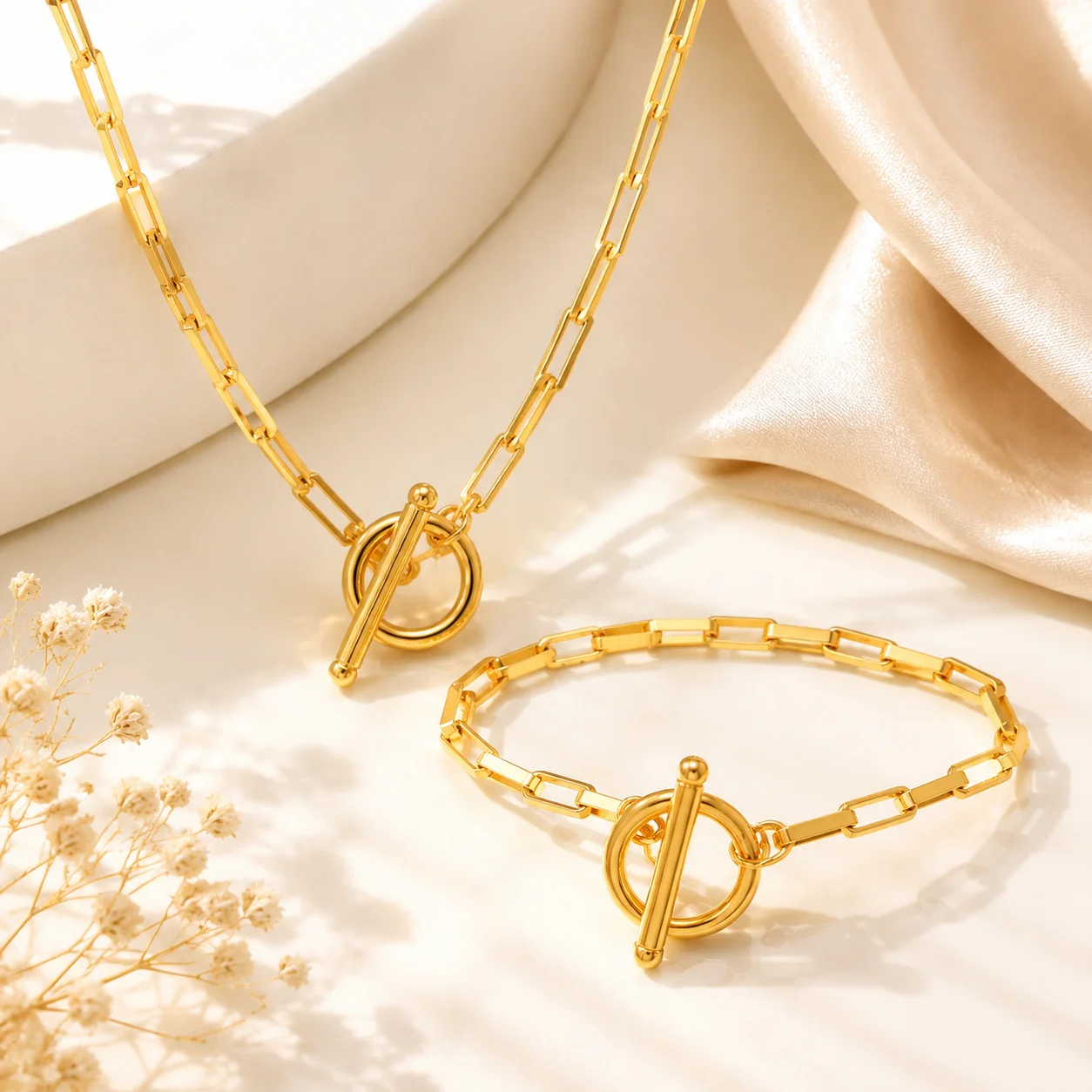 Stainless Steel OT Clasp Necklace & Bracelet Set Minimalist Elegant Combo Chain Jewelry Set Vintage Fashion Style Gold & Silver