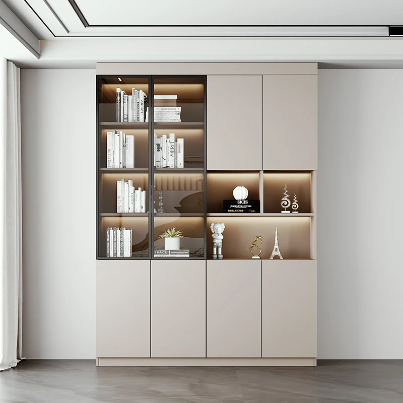 Bookcase glass door with door, solid wood custom integrated, full wall combination, simple floor to ceiling bookcase