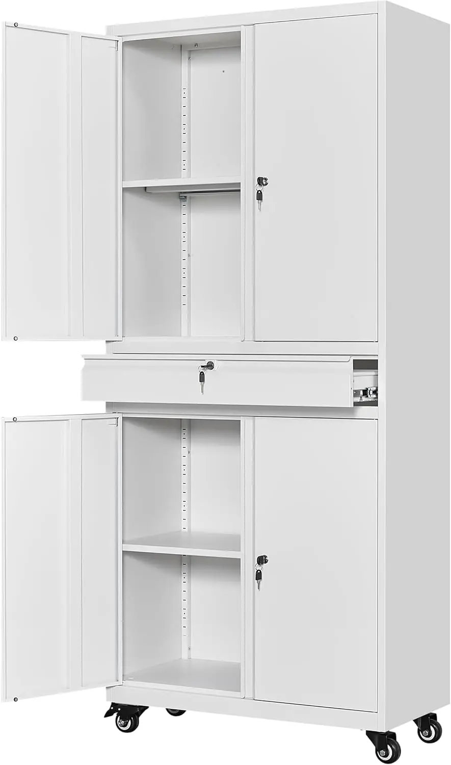 Metal Garage Storage Cabinet with Locking Doors and Adjustable Shelves, Rolling Tool Storage Cabinet with 4 Wheels and 1 Drawer