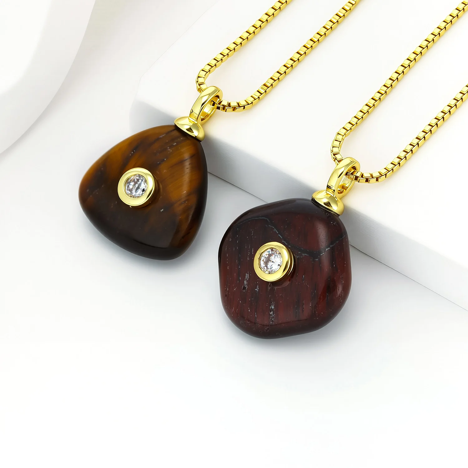 Nidin Vintage Tiger Eye Pendant Necklace Box Chain Zircon Setting Energy Protection Stone Neckwear Men Women Spiritual Jewelry