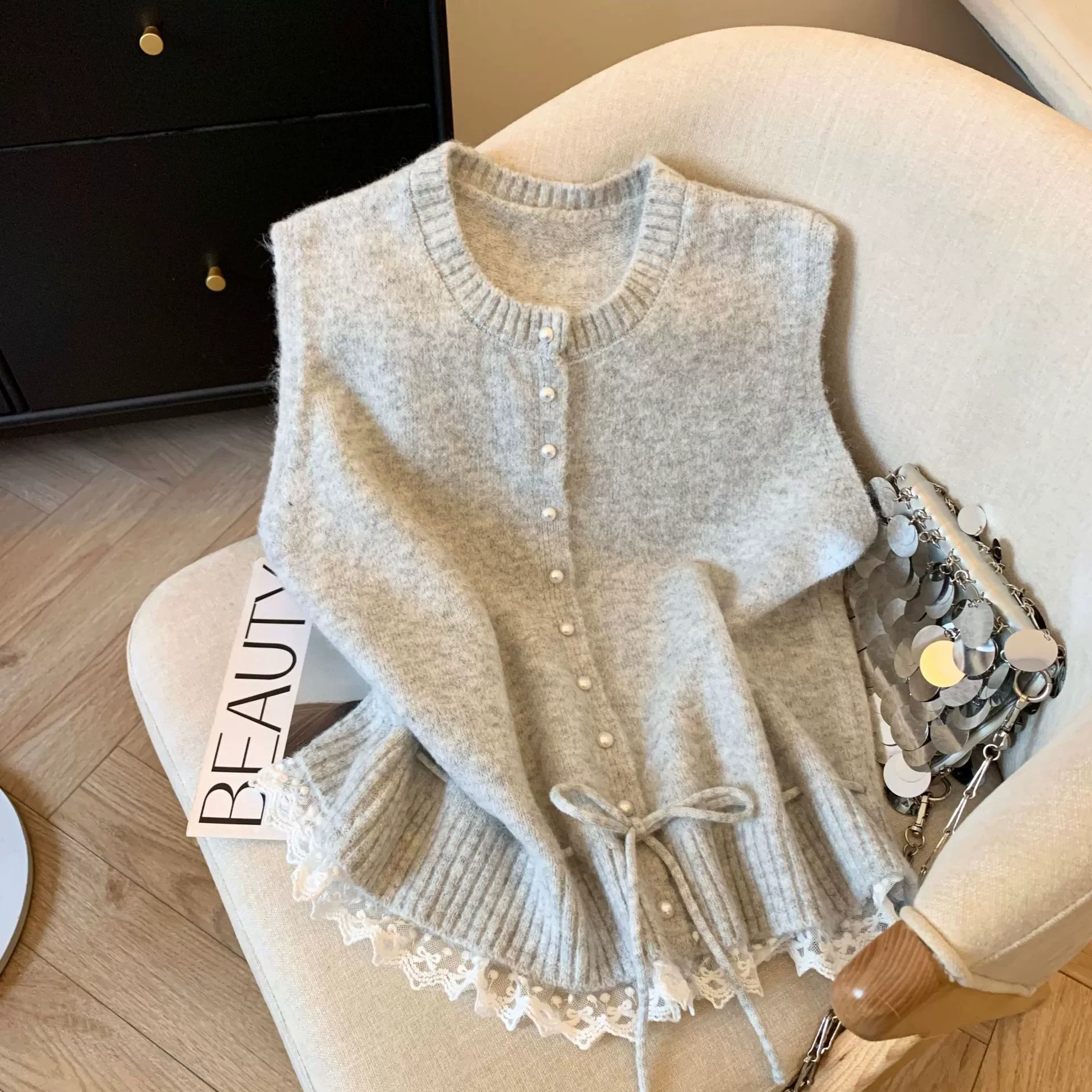 Women's Grey Fuzzy Knit Vest Pearl Buttons Lace Hem Drawstring Waist Sleeveless Cardigan Sweater Vest Cute