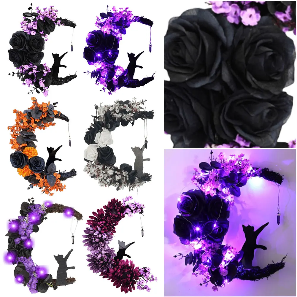 Halloween Outside Porch Decorations Outdoor Modern Moon Cat Wreath With Flowers And Charming Door Decoration Christmas Wreaths