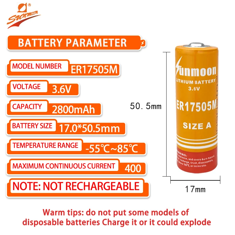 Sunmoon ER17505M 3.6V lithium battery 2800mAh for temperature detector, intelligent water meter, gas meter, sensor, heat meter