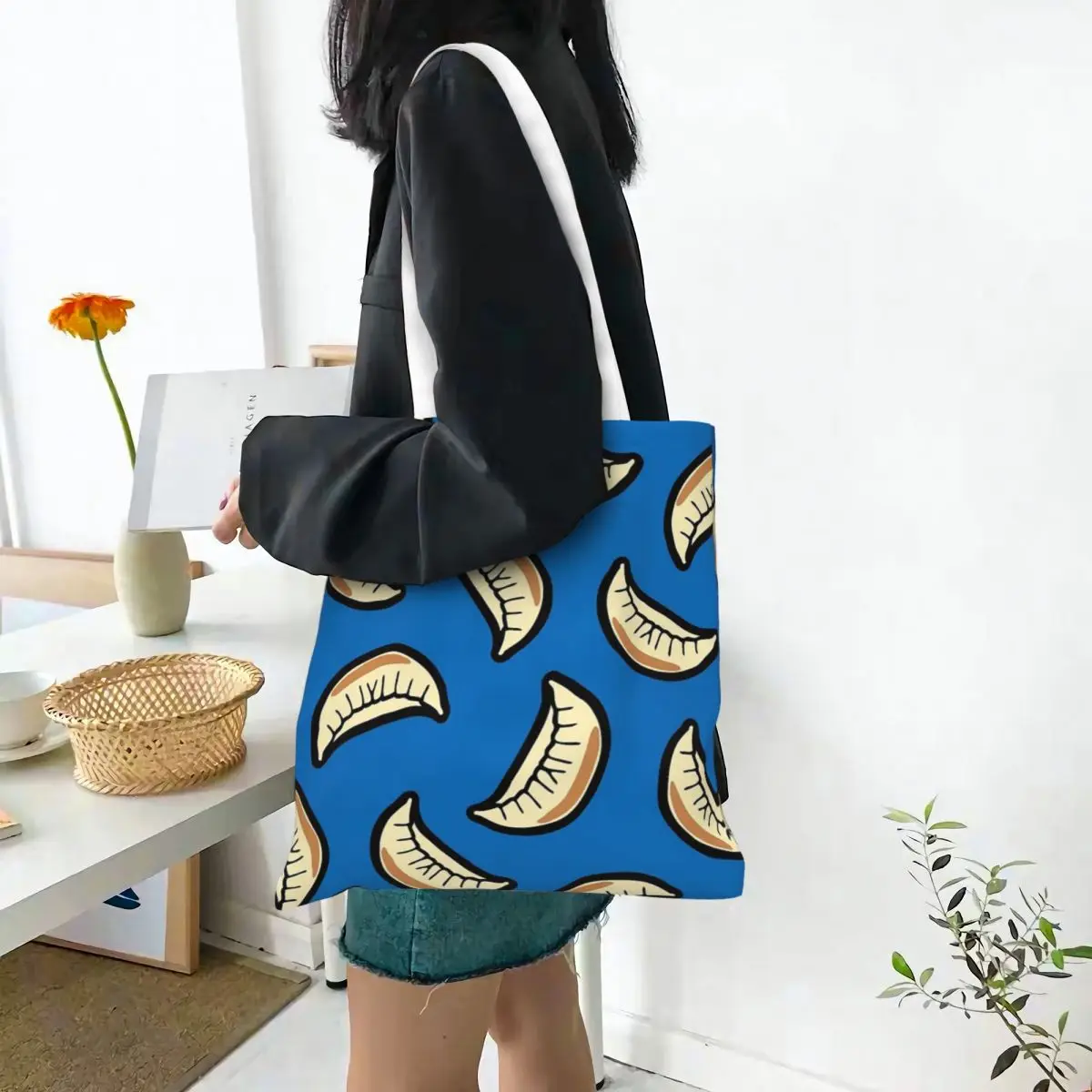 Gyoza bolinho padrão sacos de compras lona a sacola sacos de compras dobrável reutilizável meninas ombro tote bolsa de viagem