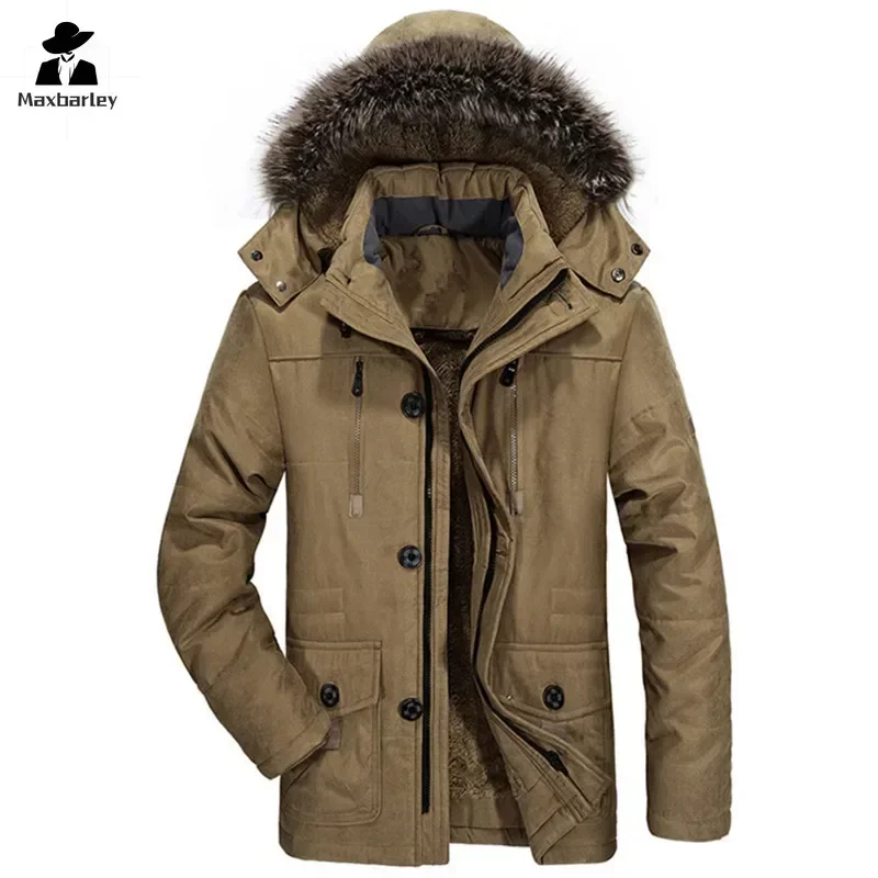 Parkas de forro polar para hombre, chaqueta cálida con cuello de piel engrosada, abrigo informal de longitud media a prueba de frío, marca de moda, Invierno