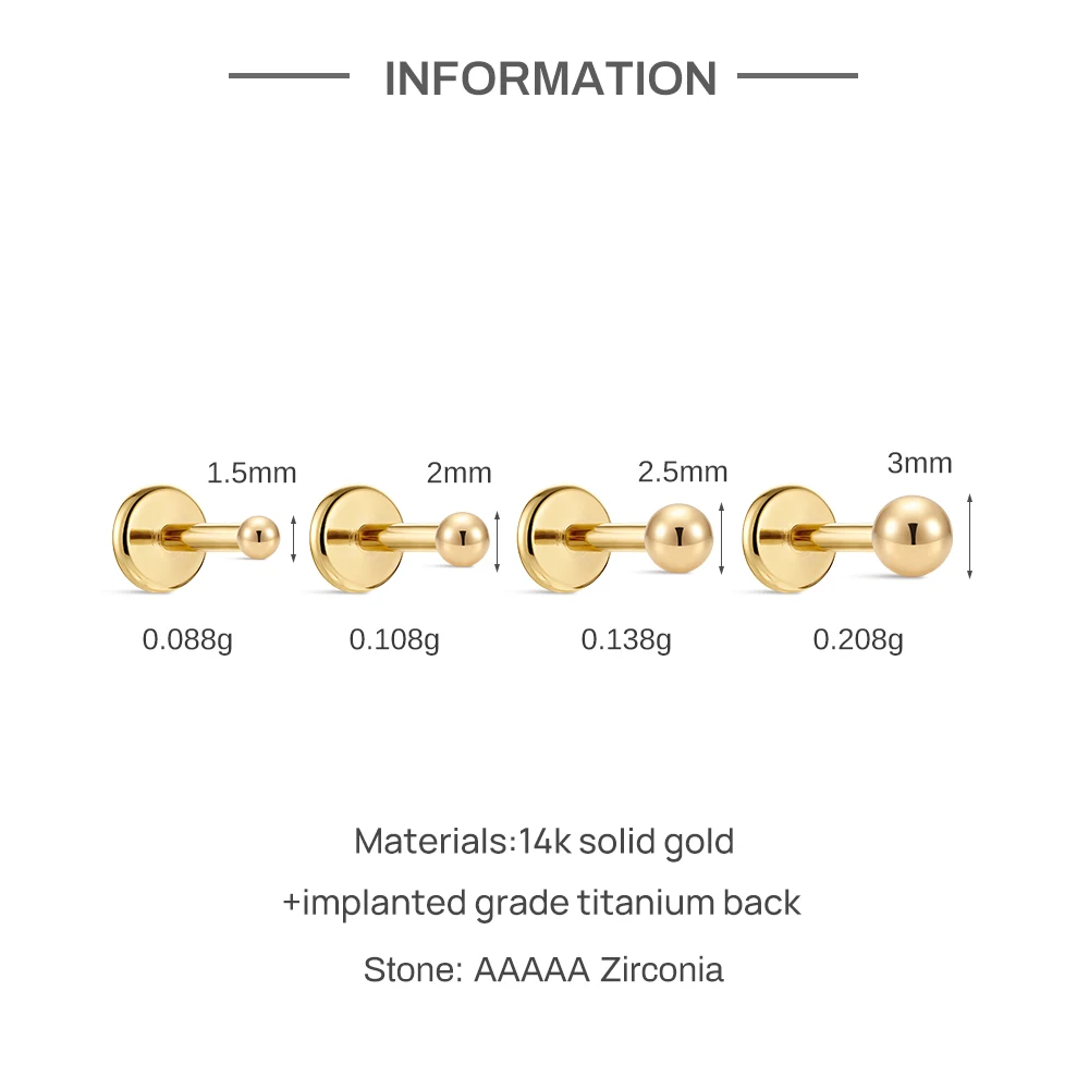 Aide 14K Solid Gold Smooth Ball Screw Back Cartilage Studs 1.5/2/2.5/3mm Tiny Piercing Earrings Hypoallergenic Jewelry for Women