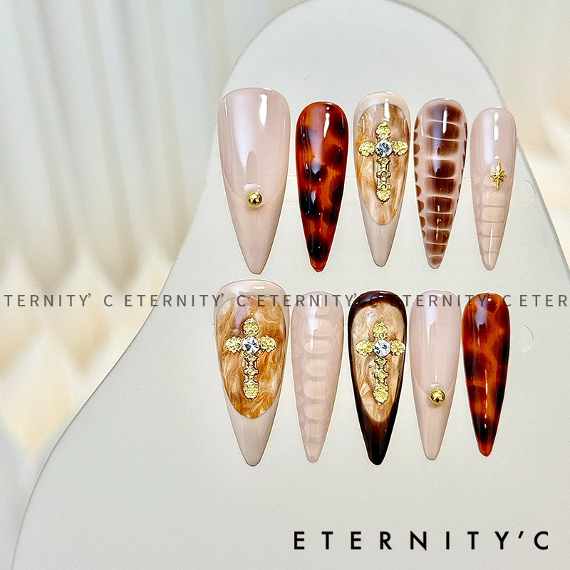 

New Handmade Fake Nails Leopard Print Mandarin Duck Style Long Pointed Shape Fake Nails Press on Nails Nail decorations