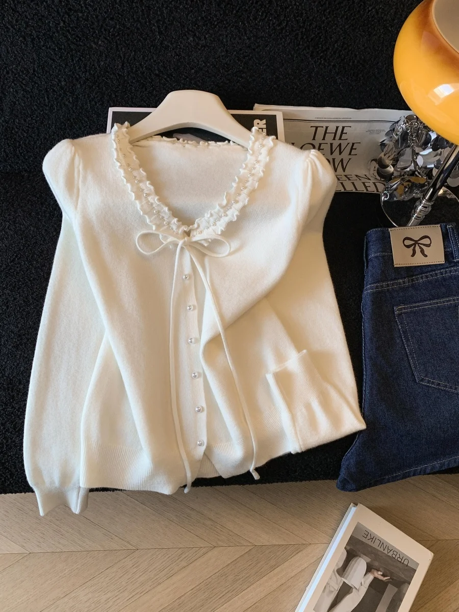 

Women's Long Sleeve Knitted Sweater with Knot Design And Wood Grain Autumn Winter New Style Open Cardigan V-neck Cotton