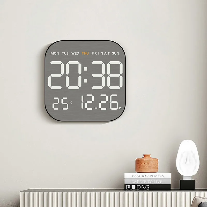 Brushed metal LED wall clock Full information display Time and date Temperature Adjustable brightness Modern digital clock